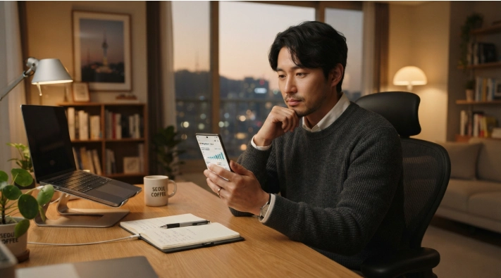 스마트폰으로 매달 나가는 구독료와 멤버십 자동결제 내역을 점검하는 30대 한국인 남성