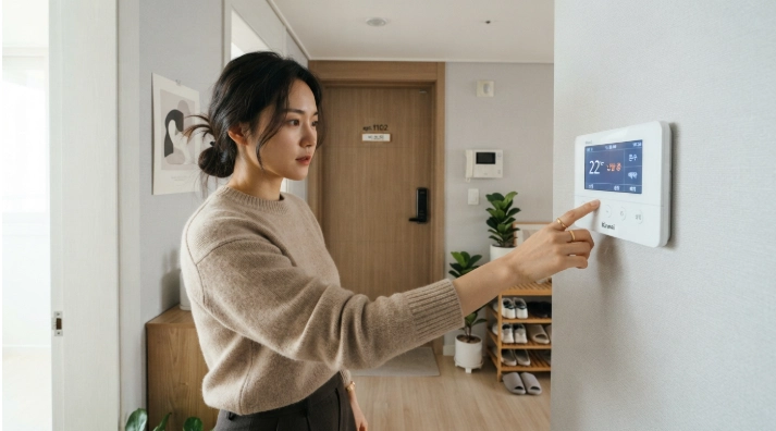 겨울철 난방비 절약을 위해 실내 온도조절기를 설정하는 한국인 여성