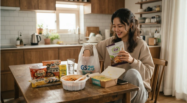 자취방 식탁에서 배달 음식과 편의점 식료품을 정리하는 한국인 1인 가구
