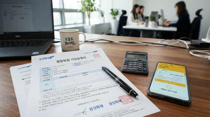 보험 증권 서류와 계산기가 놓인 책상에서 특약 정리를 분석하는 모습