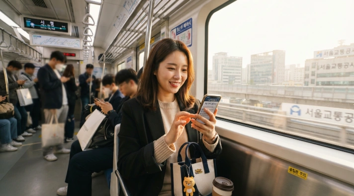 출퇴근길 지하철에서 스마트폰으로 간편하게 설문조사 앱테크에 참여하는 30대 한국인 여성