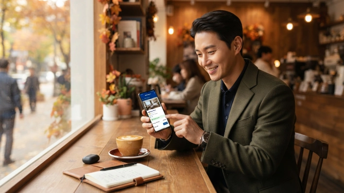 카페에서 스마트폰 앱으로 숙박세일 페스타 할인 쿠폰을 발급받는 30대 직장인