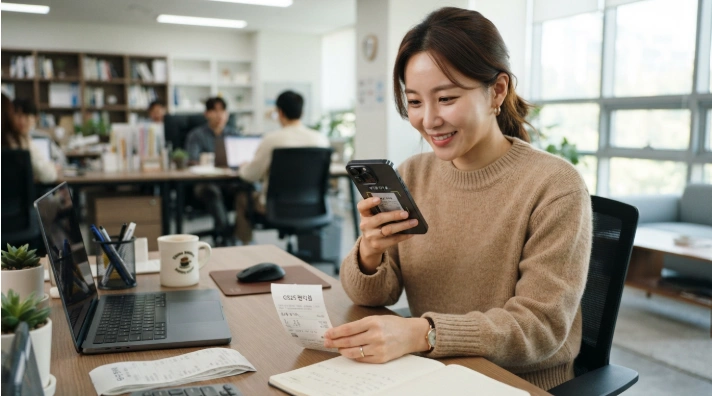 사무실 책상에서 스마트폰 카메라로 종이 영수증을 촬영하여 포인트를 적립하는 한국인 직장인
