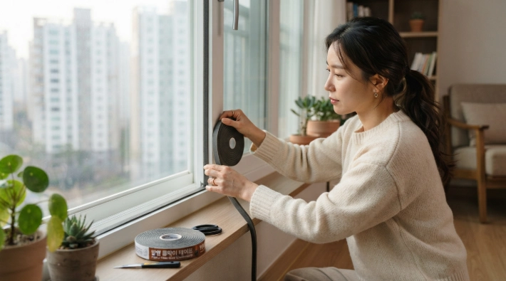 창틀에 난연 단열 문풍지를 부착하고 있는 모습