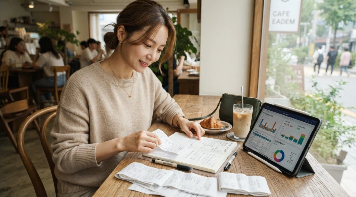 영수증과 태블릿 가계부 앱을 활용해 추석 명절 지출 내역을 정리하는 모습