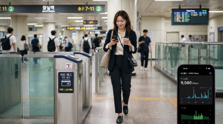 서울 지하철 출퇴근길에 걷기 만보기 앱 걸음 수를 확인하는 한국인 직장인