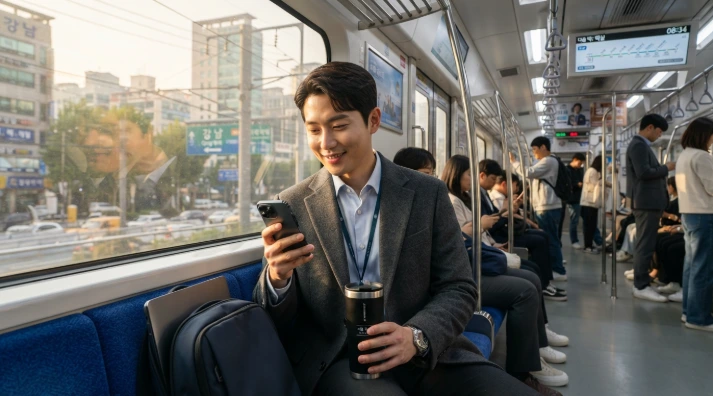 출퇴근길 지하철에서 스마트폰으로 앱테크 포인트를 확인하며 커피값을 절약하는 30대 한국인 직장인