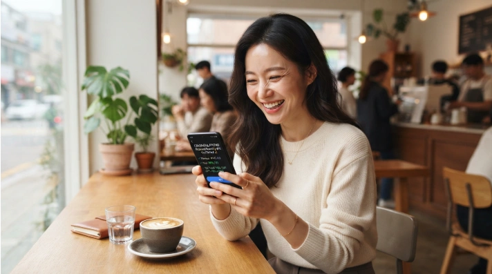 통신비 요금제 절약에 성공하여 스마트폰을 보며 미소 짓는 한국인 직장인