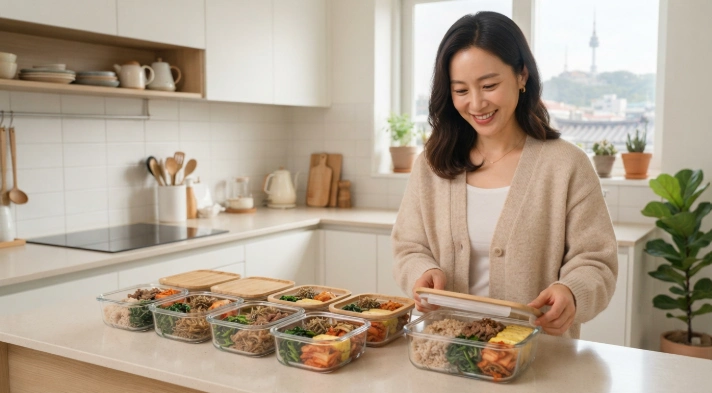 깔끔한 주방에서 1주일 치 유리 밀프랩 도시락을 정리하는 30대 한국인 여성의 모습