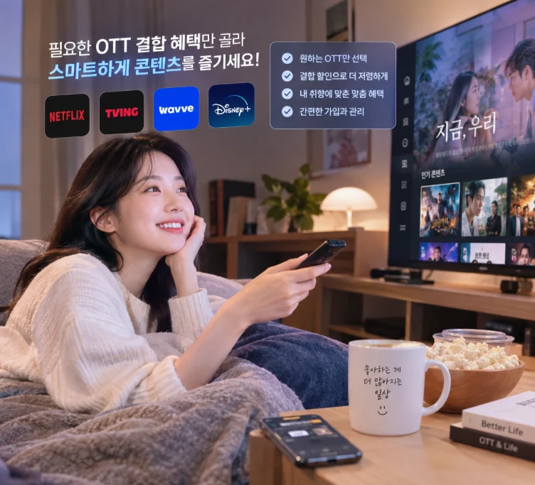 필요한 OTT 결합 혜택만 골라 스마트하게 콘텐츠를 즐기며 만족해하는 한국인 여성