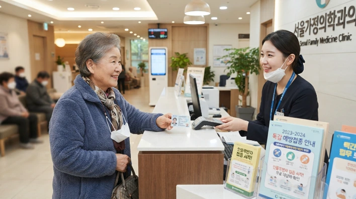 동네 병원 접수처에서 신분증을 제시하며 독감 접종을 준비하는 어르신