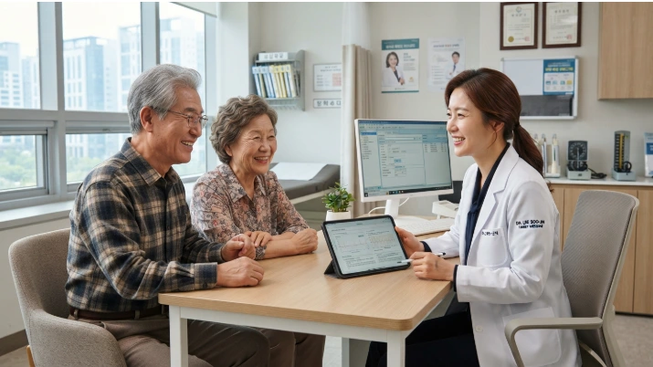 병원에서 의사와 독감 예방접종 상담을 받는 고령의 한국인 부모님